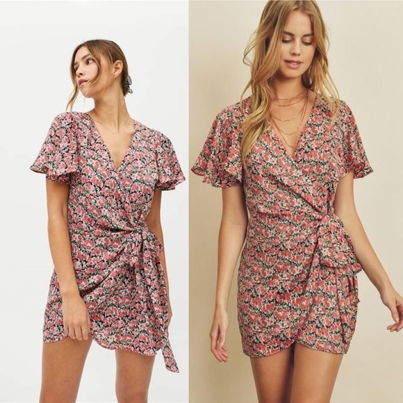 The Native One Dresses & Skirts - DRESS FORUM Floral-Print Satin Wrap Mini Dress